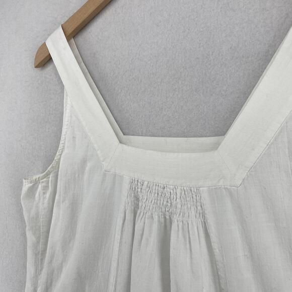 EILEEN FISHER Top L Cotton Woven Tunic Tank Smocked Square Neck Shell White - Picture 2 of 13